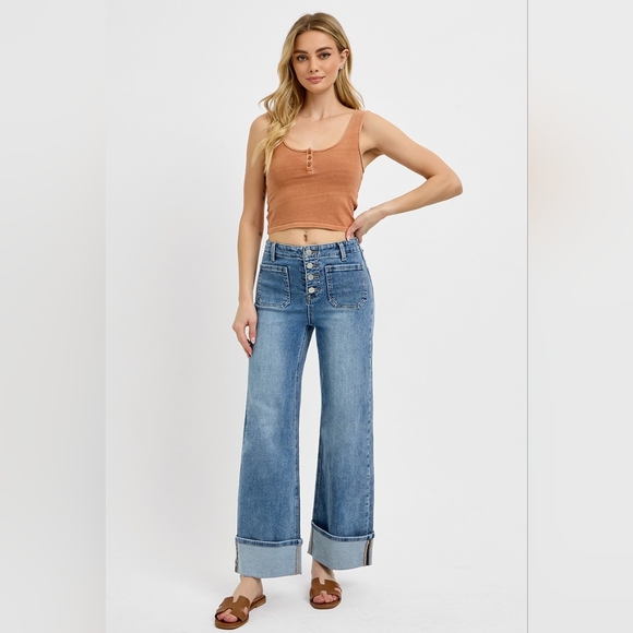 Risen HR Medium Wash Button Fly Patch Pocket Cuffed Wide Leg Jeans Various NEW - Picture 1 of 6